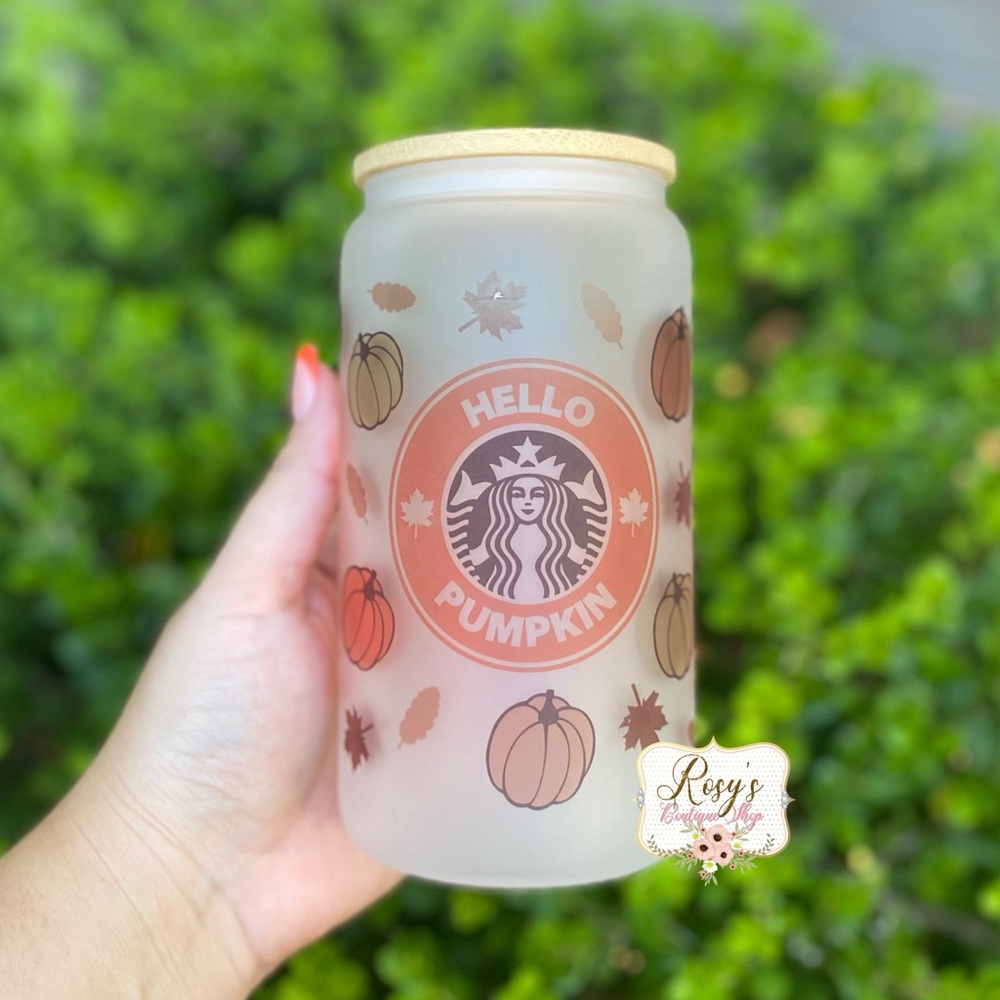Fall Hello Pumpkin Starbucks Design 16oz Glass Cup